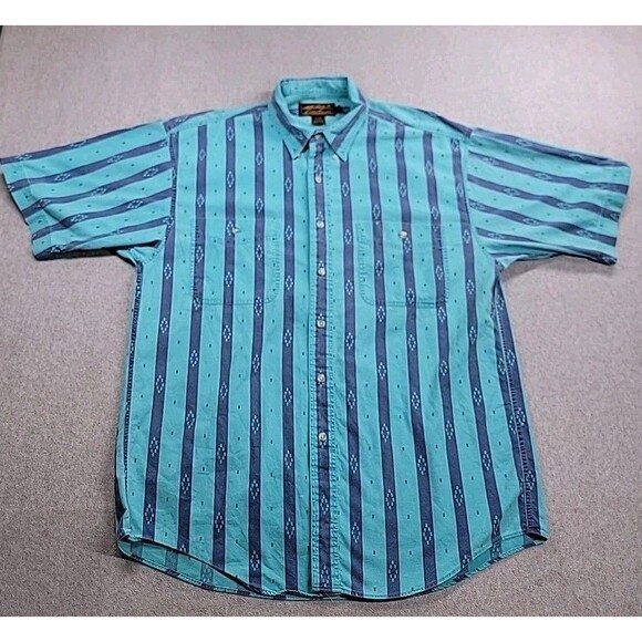 Eddie Bauer Shirt Mens L Blue Green Aztec Southwestern Cowboy Cotton Pocket 90s - Picture 1 of 11